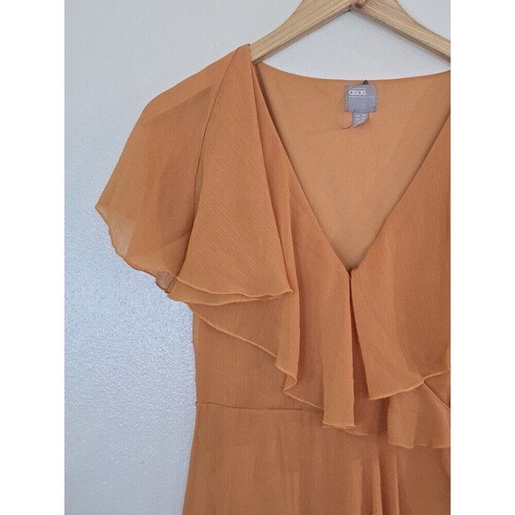 ASOS Formal Maxi Dress Womens Size 6 Faux Wrap Orange Flutter Sleeves Cape - Picture 4 of 11